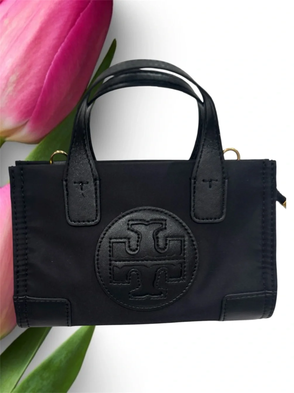 Tory Burch Micro Ella crossbody Nylon embossed logo leather gold tone hardware
